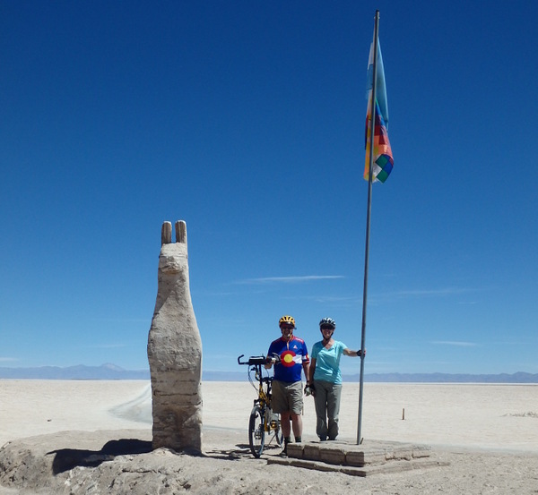 Terry and Dennis Struck and the Bee with a big Salt Lama at Salinas Grandes.